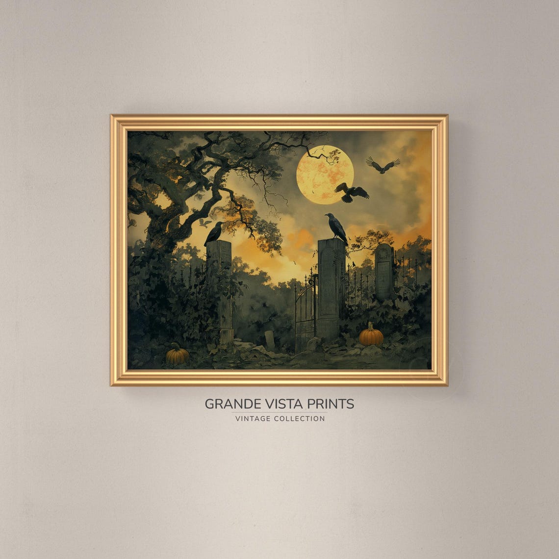 Black Crows on Cemetery Gate Under Full Moon Spooky Halloween Poster - Image 3
