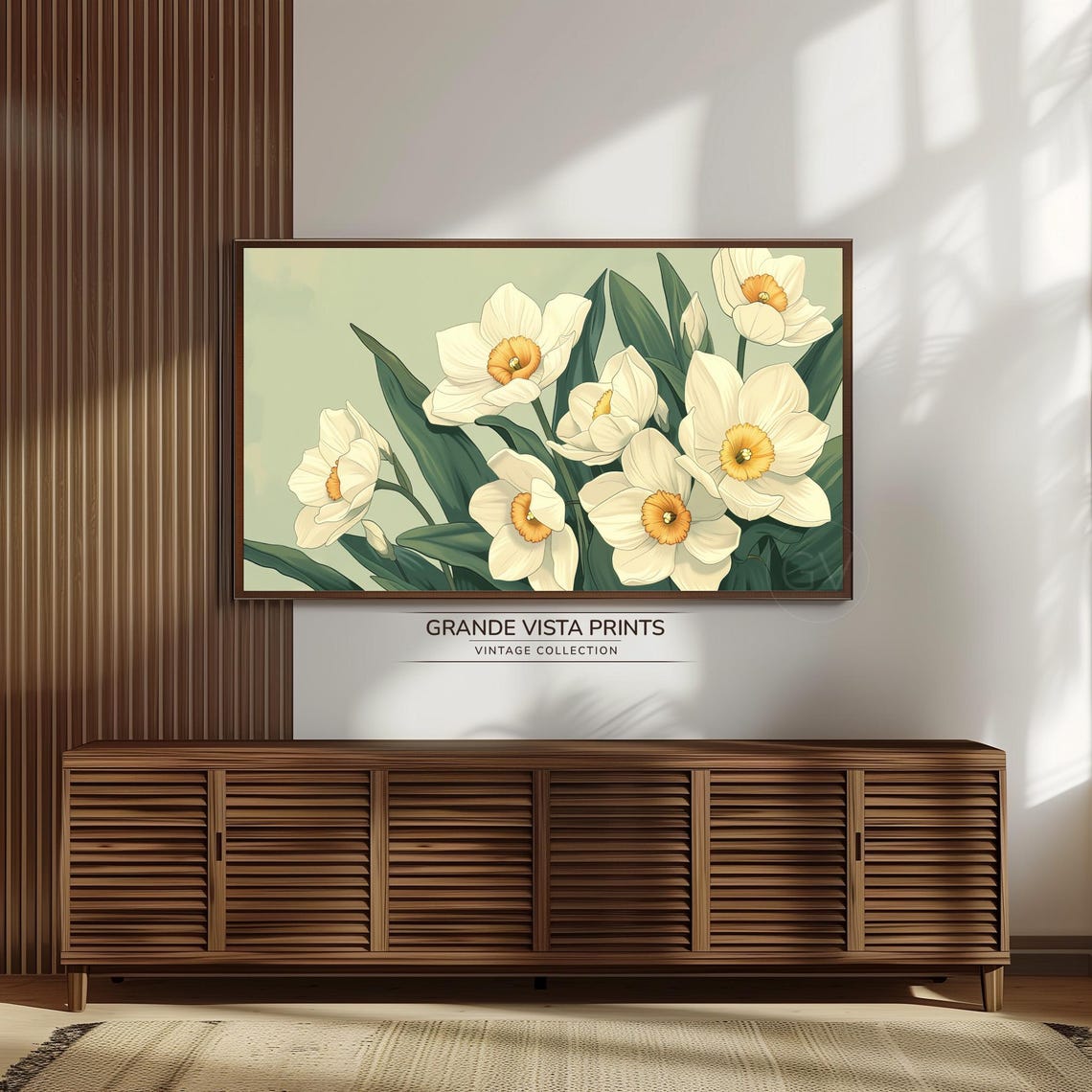 White Daffodil Blossoms Orange Cups Sage Green Botanical Wall Poster - Image 3