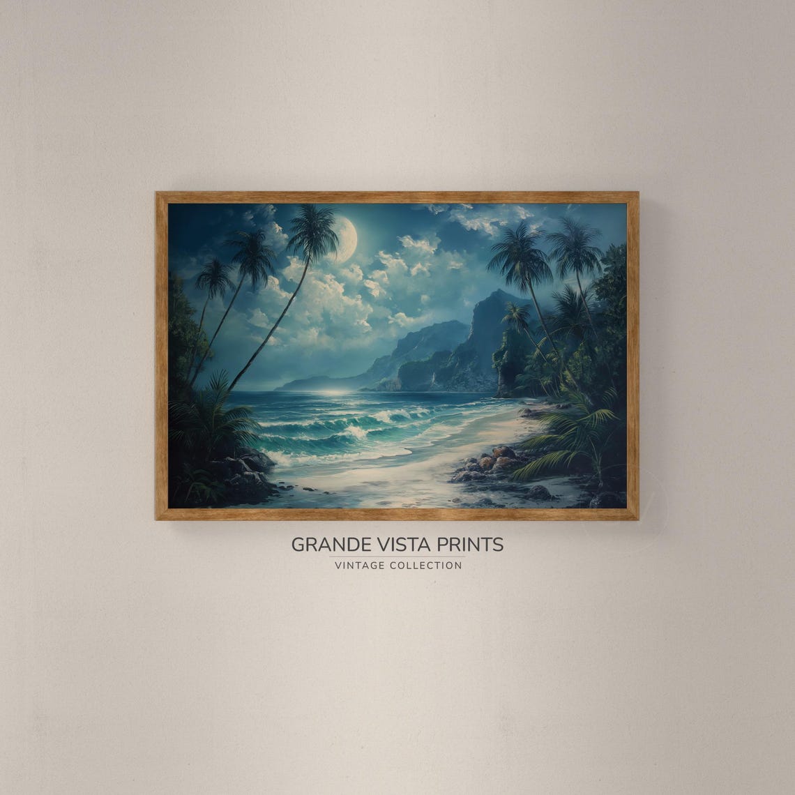 Tropical Moonlit Beach Palm Shore Cliffs Ocean Waves Travel Poster - Image 2