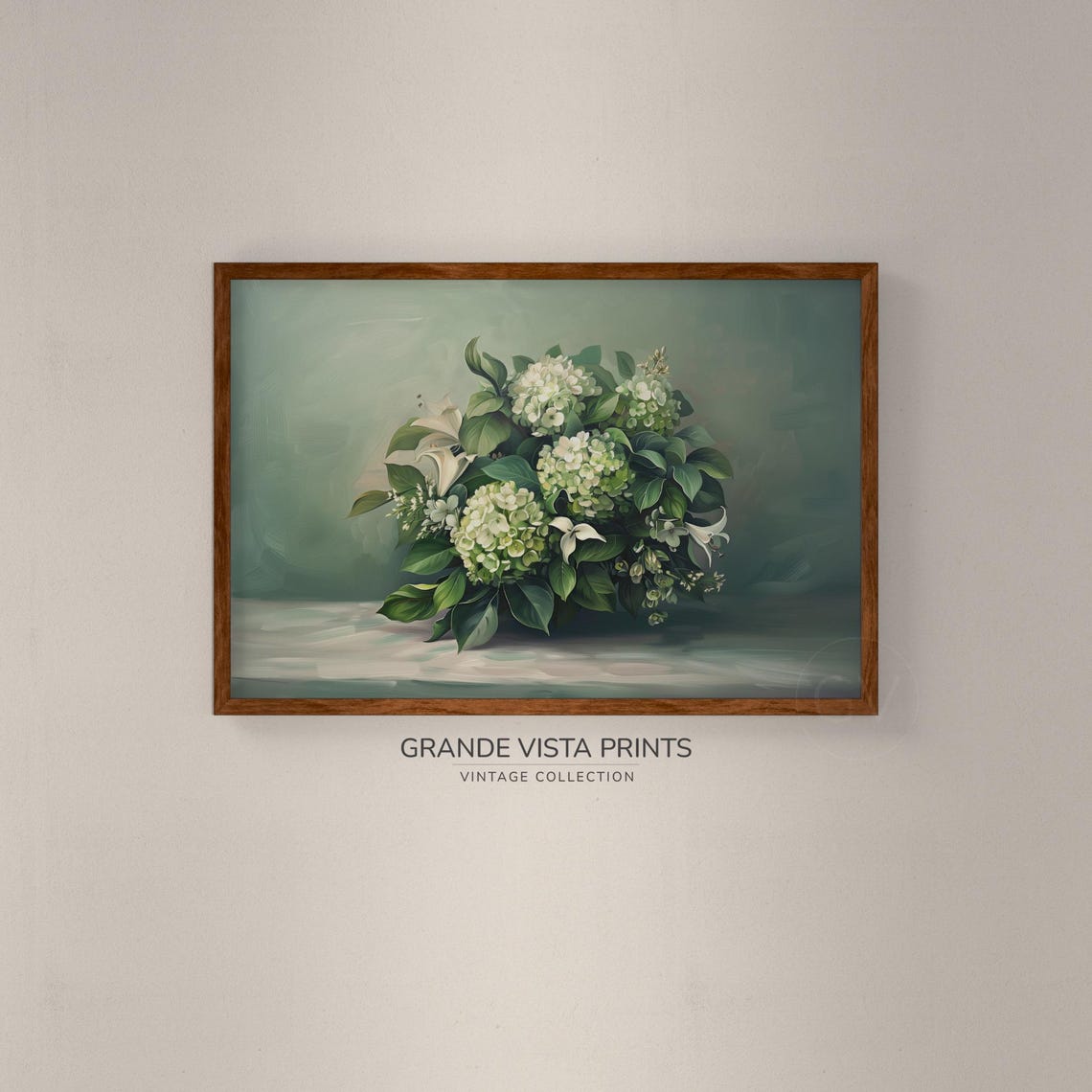 White Hydrangeas White Lilies Green Leaves Sage Vintage Floral Poster - Image 2