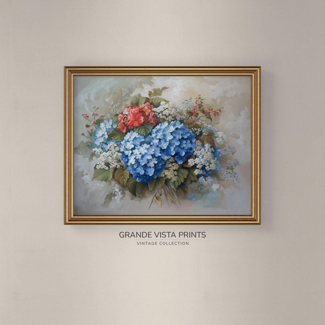 Blue Hydrangeas Red Pink Blooms White Bouquet Vintage Floral Poster - Image 3