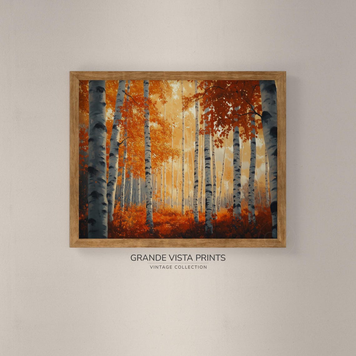 Red Orange Maple Leaves Birch Trunks Sunlit Vintage Forest Art - Image 4