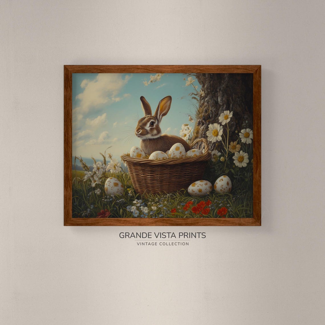 Brown Rabbit Easter Basket Painted Eggs Daisies Vintage Art Print - Image 4
