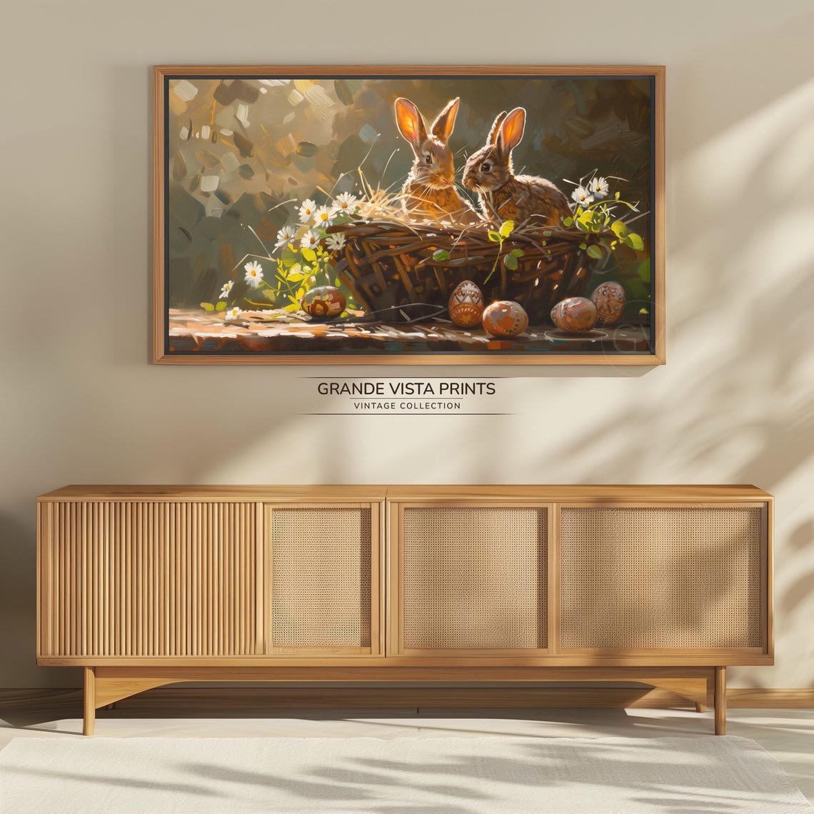 Two Rabbits in Wicker Basket with Painted Easter Eggs Warm Vintage Art - Image 4