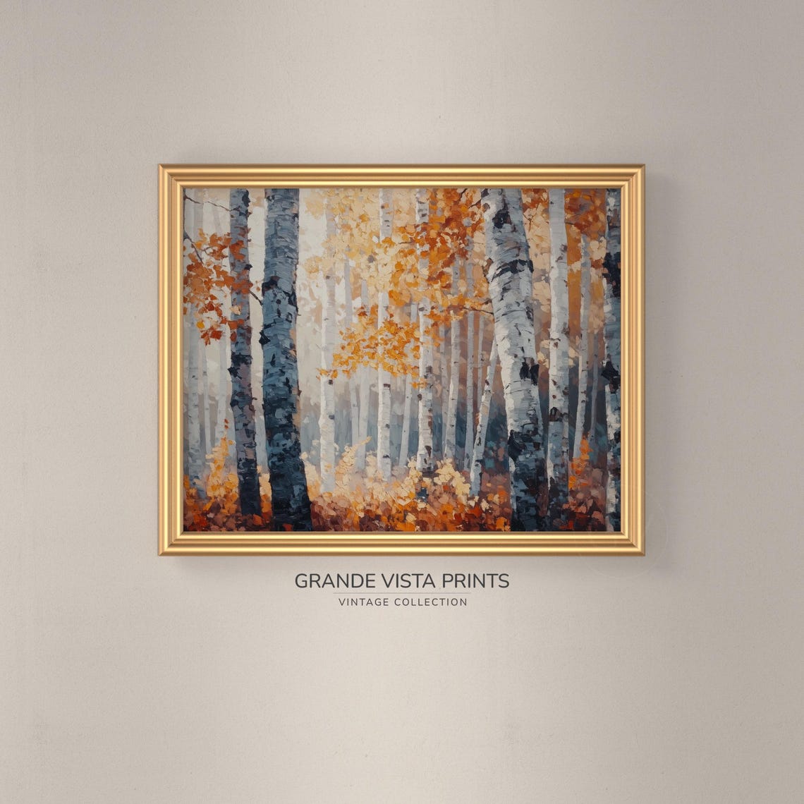 Birch Trunks Blue Gray Shadows Orange Leaves Vintage Autumn Art - Image 3