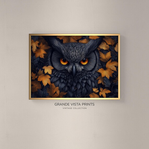 Black Owl With Amber Eyes Among Golden Autumn Maple Leaves Art Poster