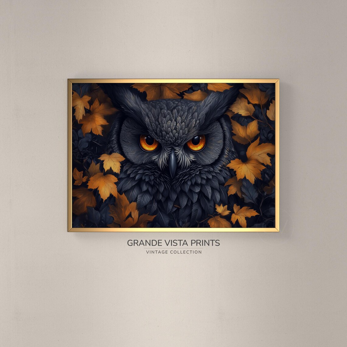 Black Owl With Amber Eyes Among Golden Autumn Maple Leaves Art Poster