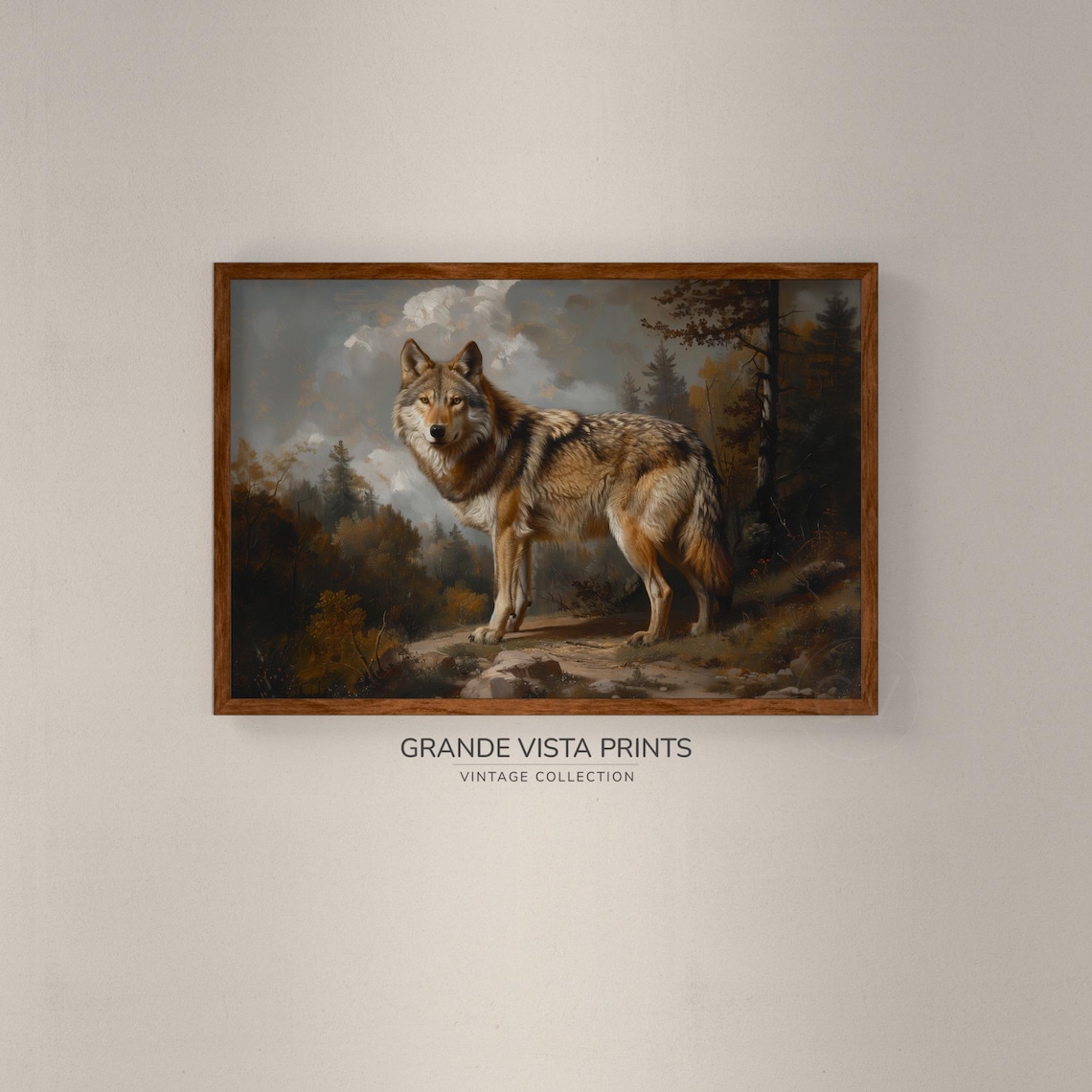 Gray Wolf Standing in Autumn Forest Vintage Wildlife Portrait Poster - Image 2