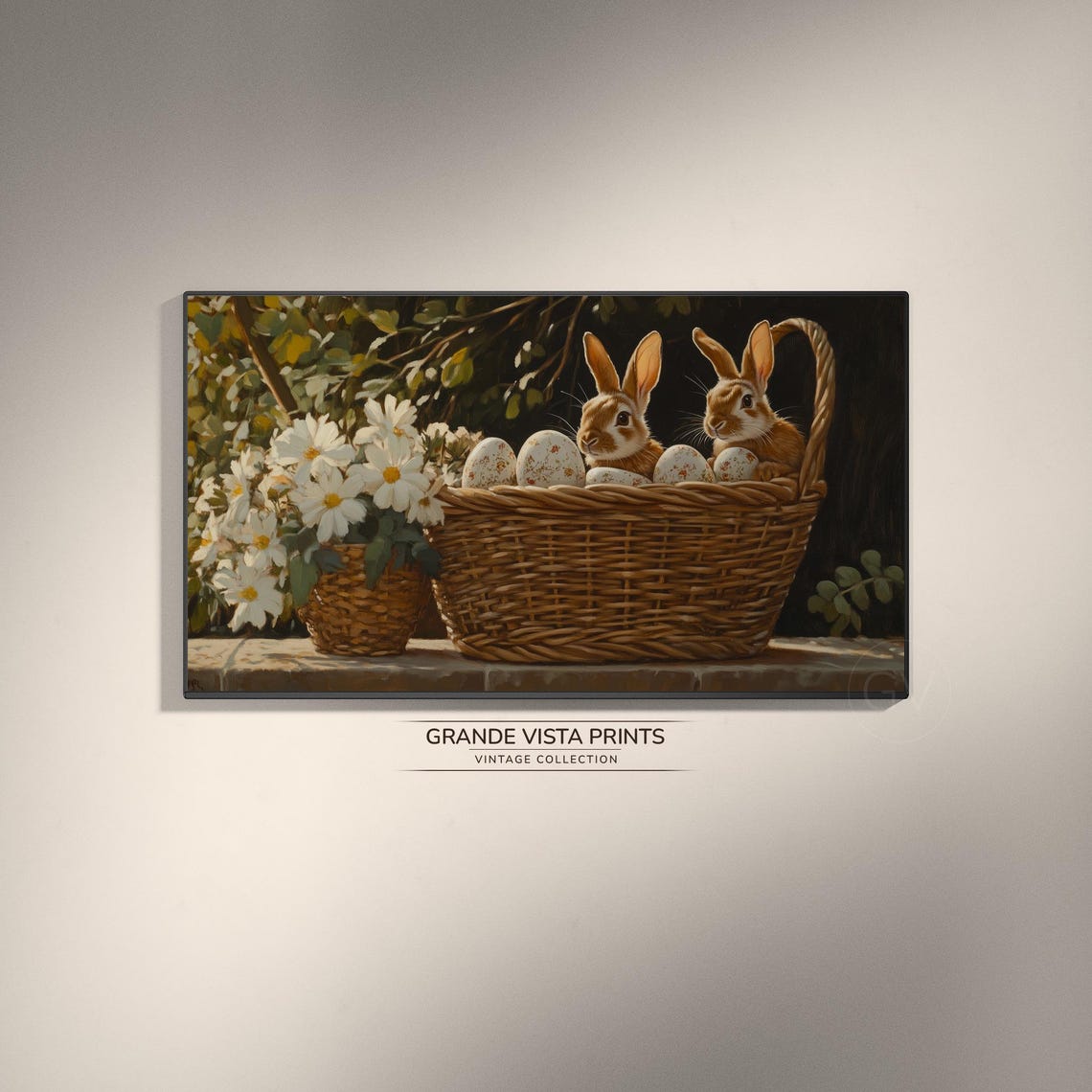 Two Bunnies with Easter Eggs Wicker Basket Daisies Rustic Wall Art