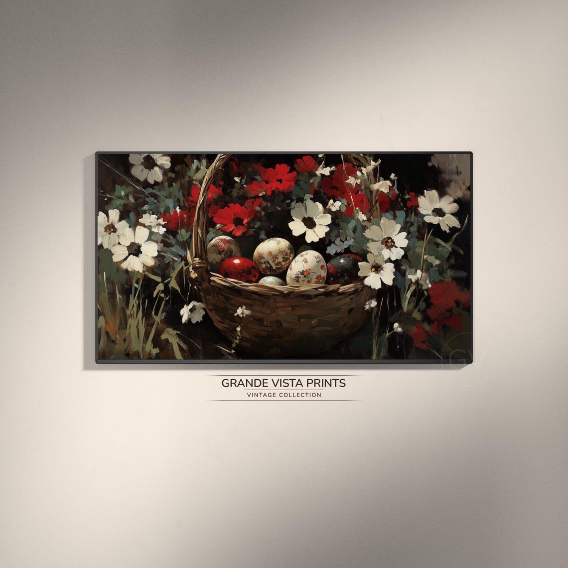 Easter Eggs Basket Red White Wildflowers Vintage Oil Painting Poster