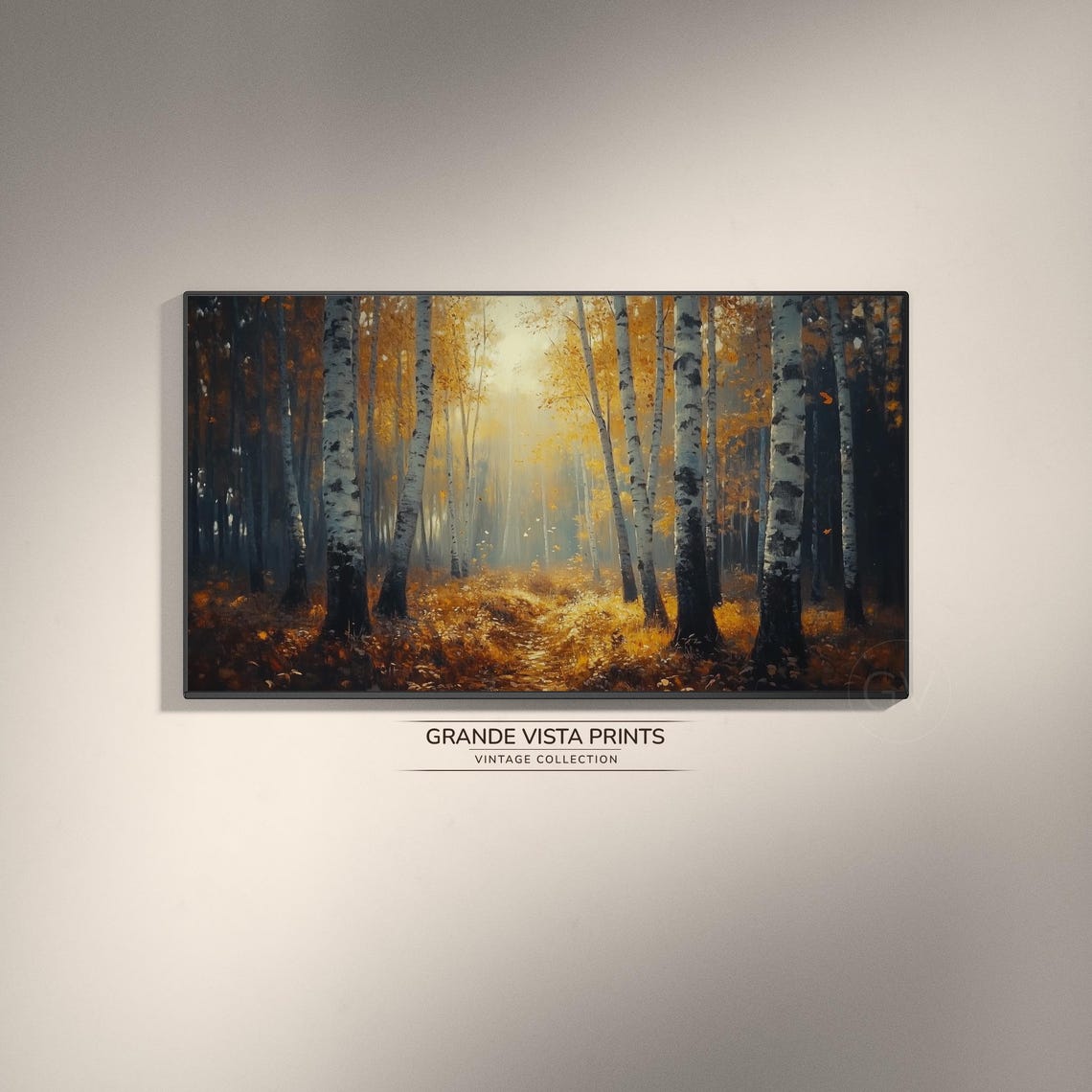 Golden Birch Forest Sunlight Through Canopy Path Vintage Poster