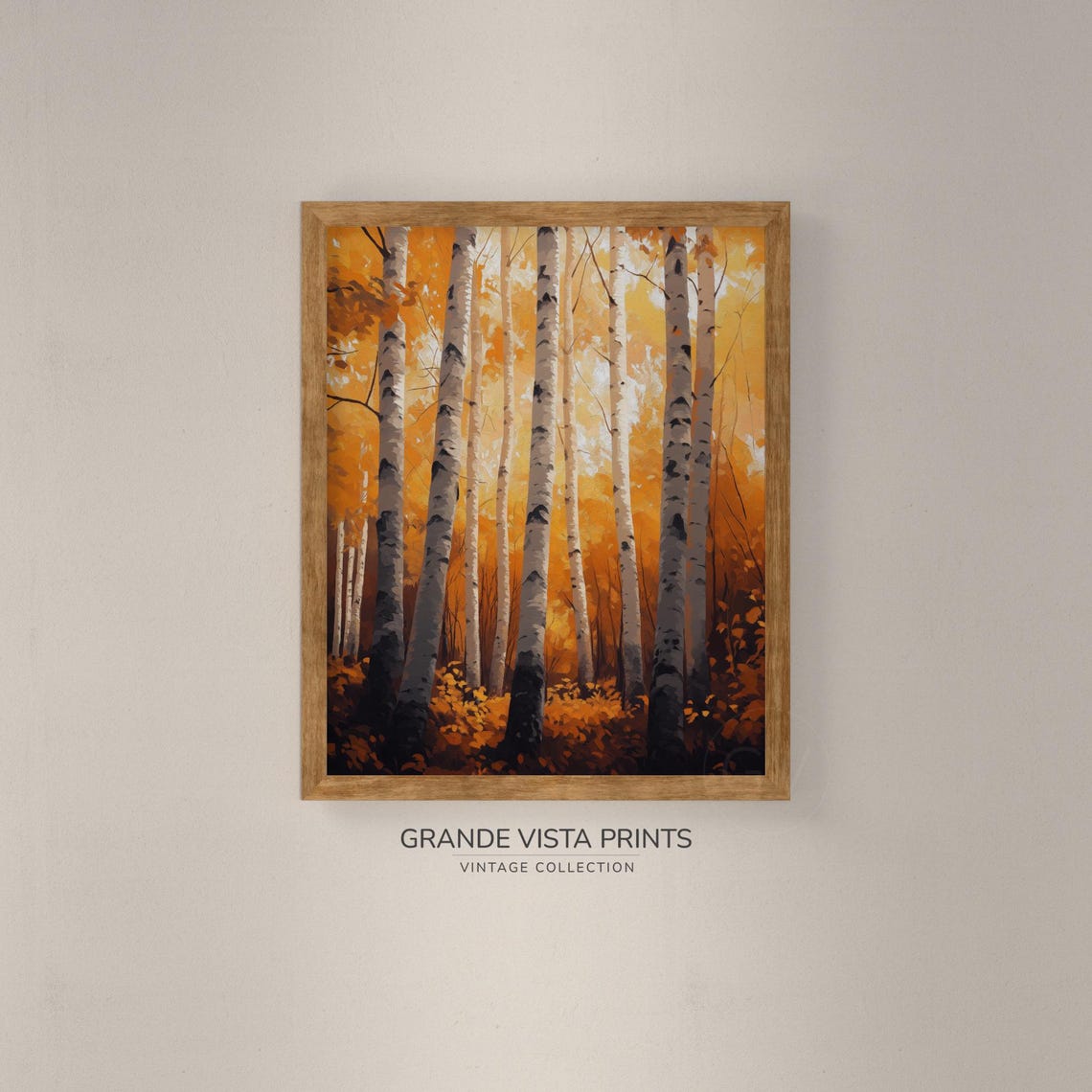Orange Canopy Birch Trunks Dark Warm Autumn Vintage Poster Art - Image 4