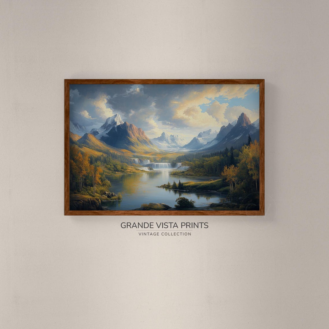 Alpine Lake Waterfall Snow Capped Peaks Autumn Valley Landscape Poster - Image 2