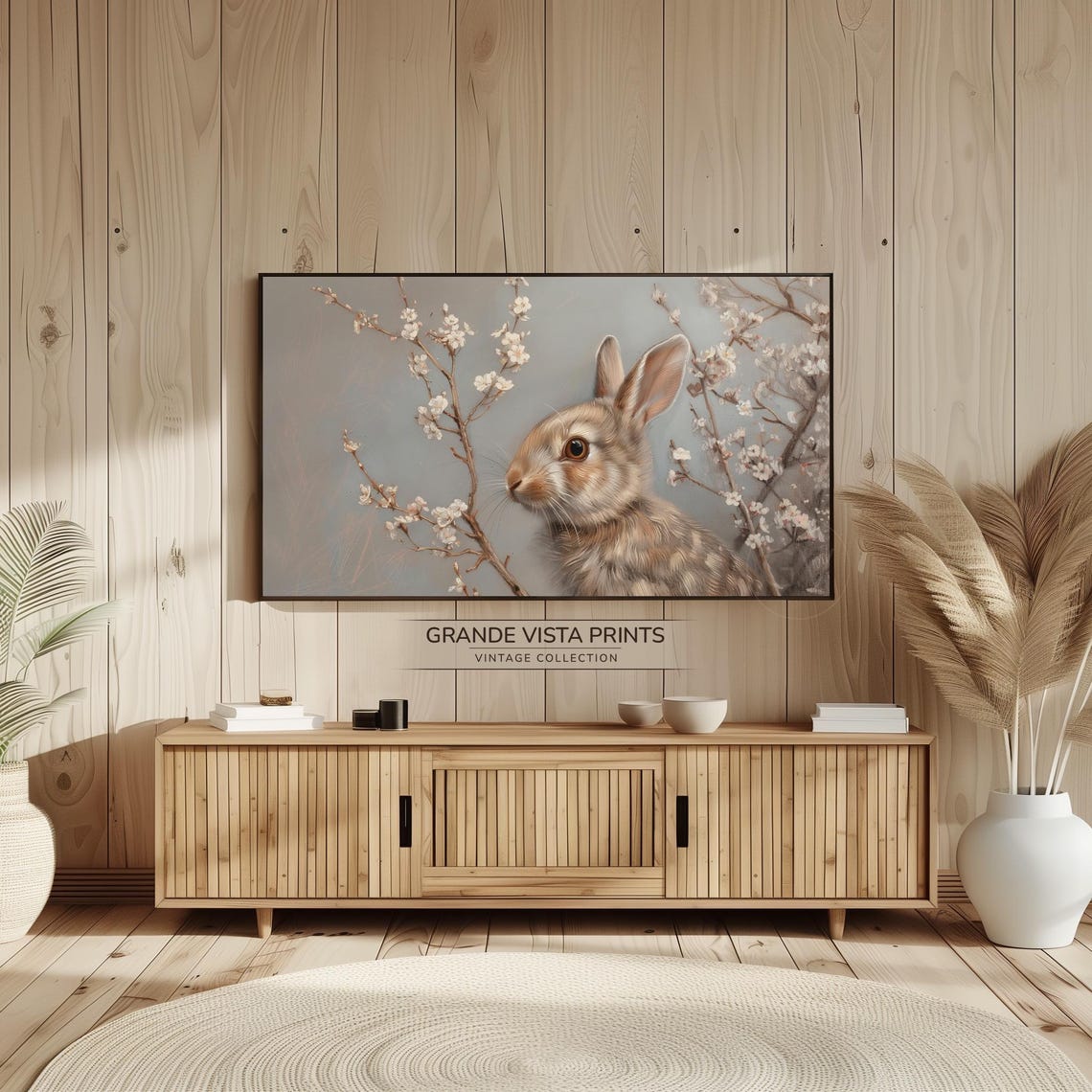 Brown Rabbit Profile Among White Blossom Branches Easter Art Print - Image 2