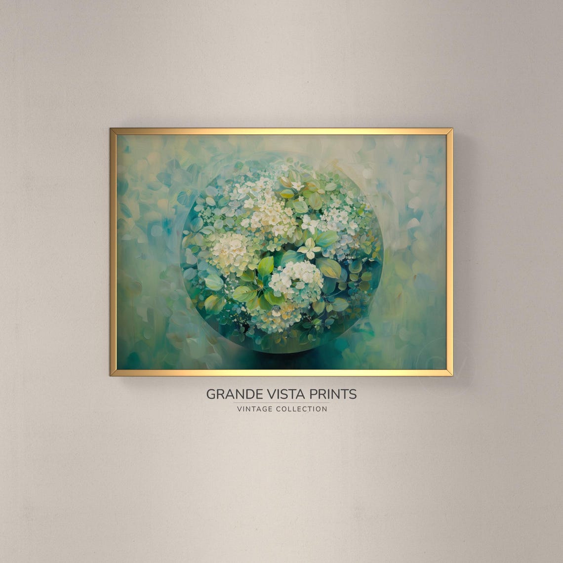 White Hydrangea Blossom Sphere on Teal Green Abstract Floral Wall Art