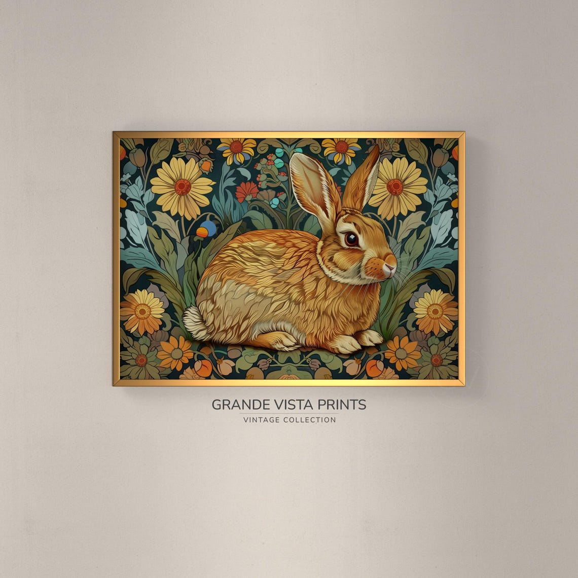 Golden Rabbit Stylized Floral Pattern Daisies Teal Vintage Print