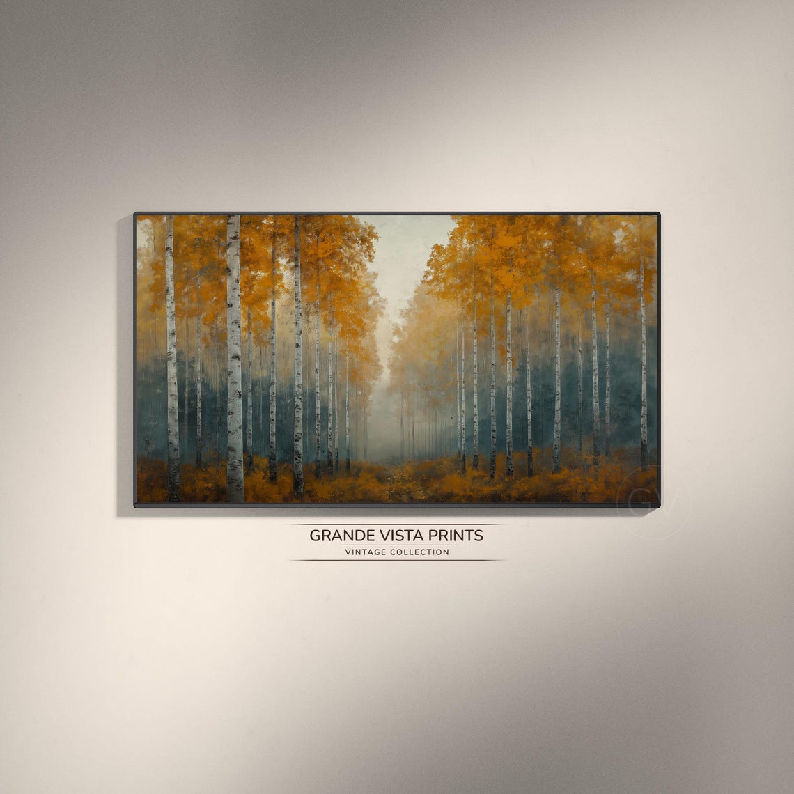 Orange Canopy Birch Forest Misty Blue Autumn Vintage Wall Art
