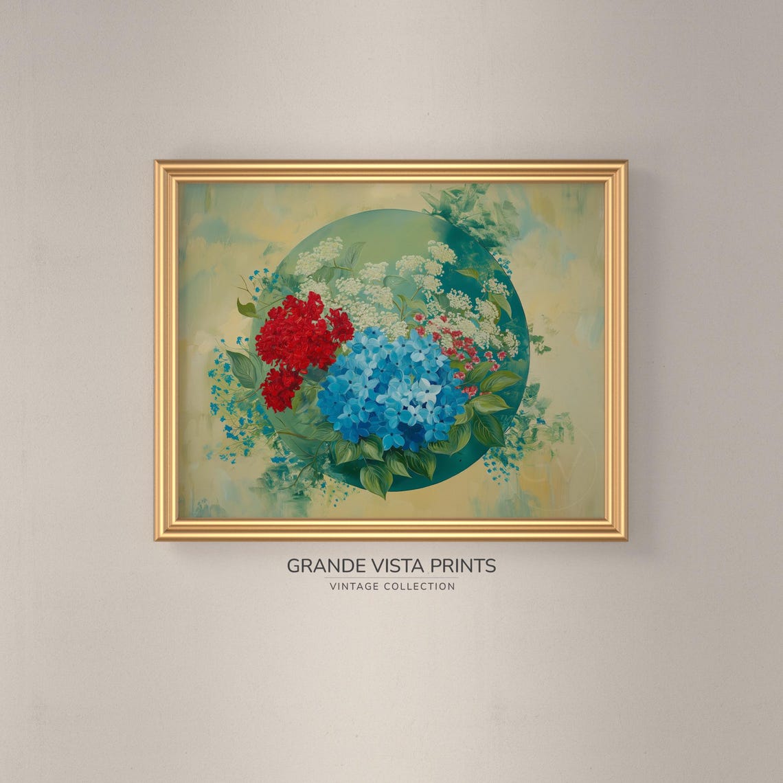 Red Blue White Hydrangea Circle Bouquet Painterly Vintage Floral Print - Image 3