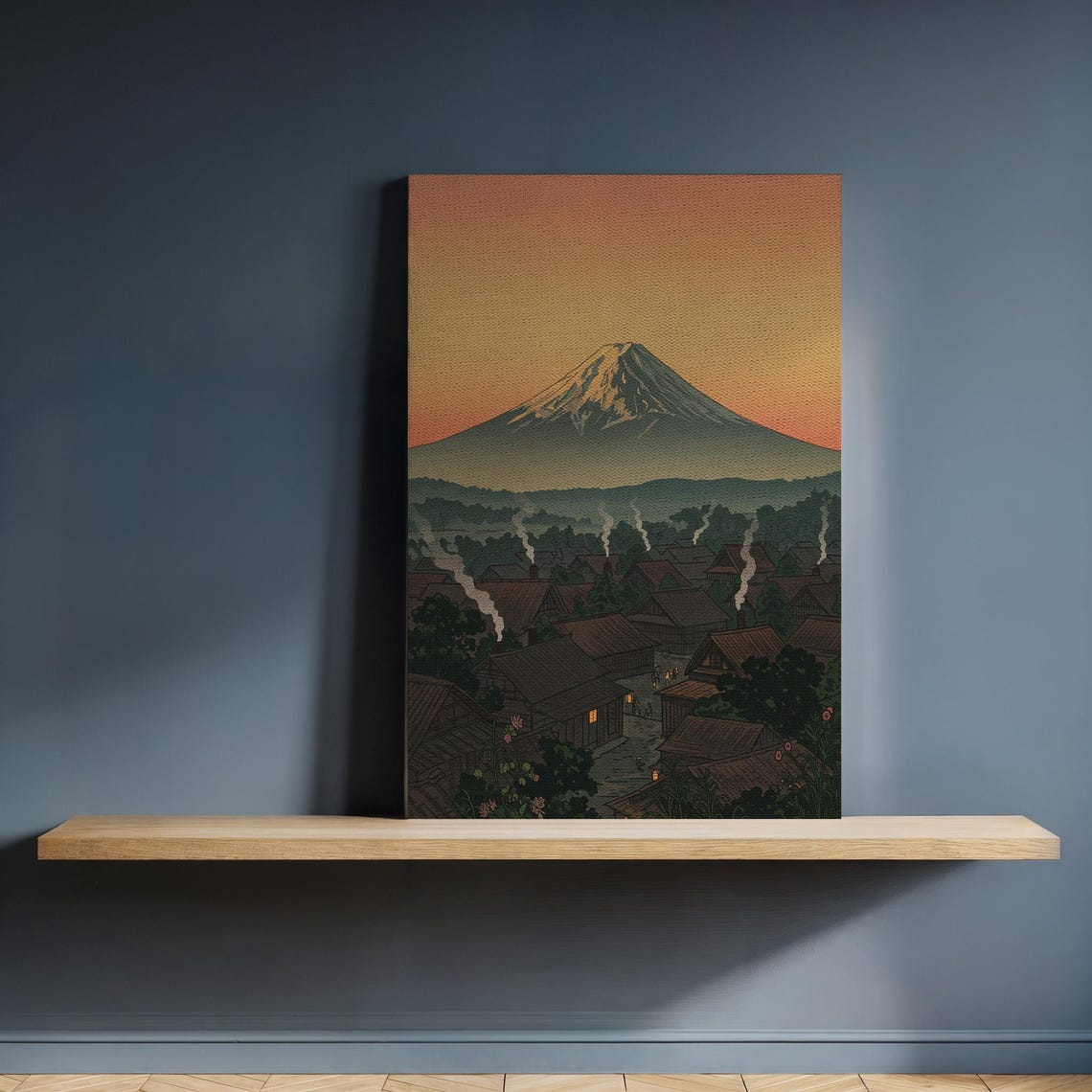 Mount Fuji Japanese Village Sunset Illustration Poster With Smoke
