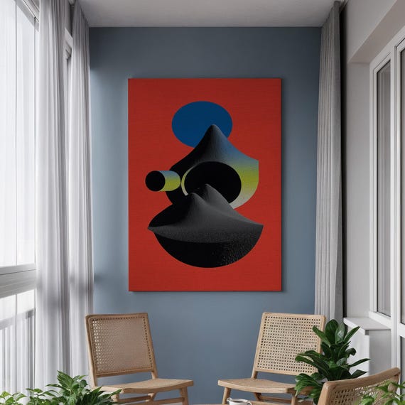 Framed Geometric Abstract Canvas Wall Art Bold 3d Sphere And Cone Shapes On Red Modern Sculptural Print For Contemporary Interior Style