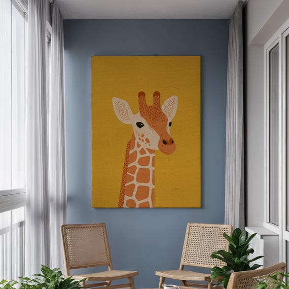 Giraffe Canvas Wall Art For Nursery Minimalist Animal Illustration On Yellow Background Framed Playful Kids Room Decor Or Baby Shower Gift