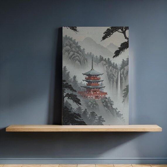 Framed Japanese Temple Canvas Wall Art Red Pagoda In Misty Mountains With Waterfall Tranquil Spiritual Landscape For Zen Home Decor