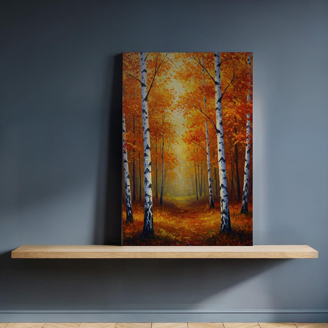 Autumn Birch Forest Canvas Wall Art Golden Fall Landscape Painting With Pathway Rustic Nature Scene Framed Gift For Cozy Home Decor