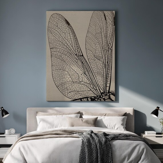 Dragonfly Wing Line Art Canvas Wall Decor Minimalist Insect Print In Neutral Beige Framed Naturalist Illustration For Modern Kitchen Style
