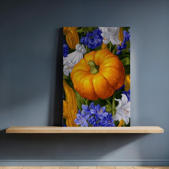 Framed Pumpkin And Floral Canvas Wall Art Vibrant Kitchen Decor With Gourds Lilies Botanical Still Life Gift For Autumn Home Styling