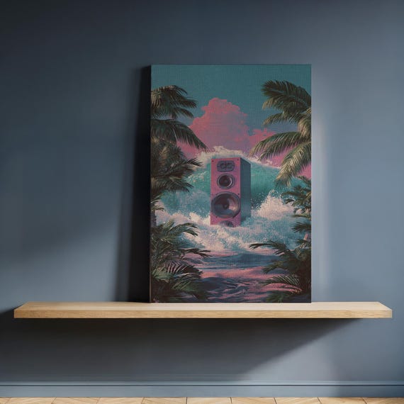 Tropical Speaker Canvas Wall Art Vaporwave Beach Scene With Palm Trees And Waves Framed Music Decor For Surreal Audiolover Spaces