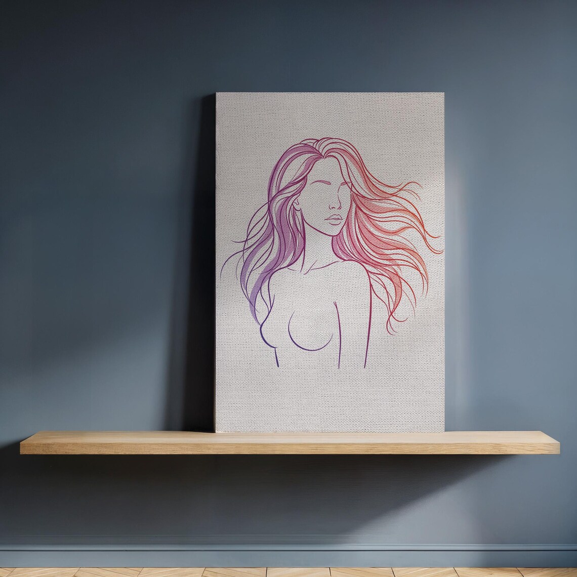 Colorful Woman Line Drawing Flowing Hair Minimalist Portrait Print