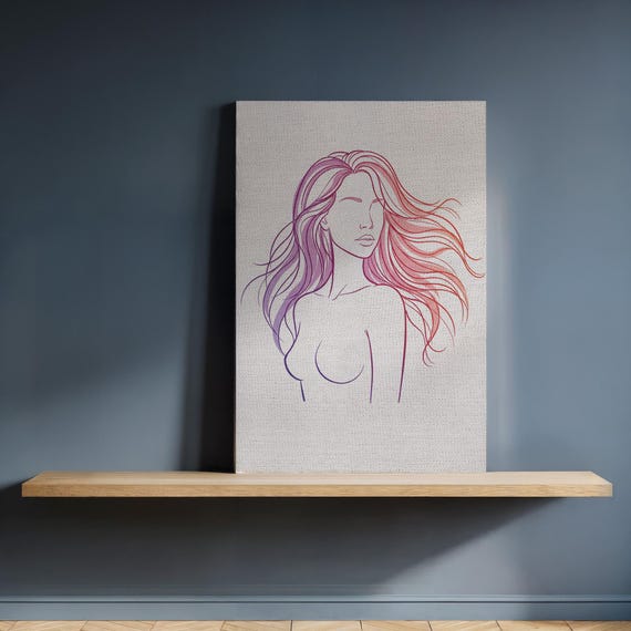 Colorful Woman Line Art Canvas Flowing Hair Nude Portrait In Purple And Pink Framed Feminine Wall For Modern Boho Or Glam Decor
