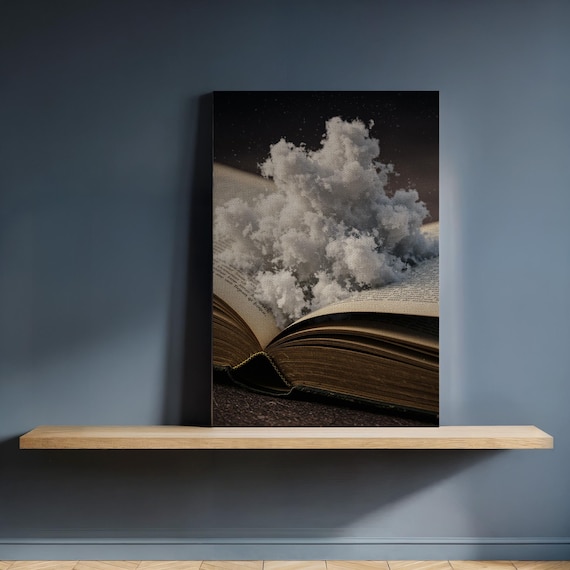 Open Book With Cloud Burst Canvas Wall Art Surreal Literary Scene In Night Sky Dreamlike Artwork Framed Gift For Readers And Story Lovers
