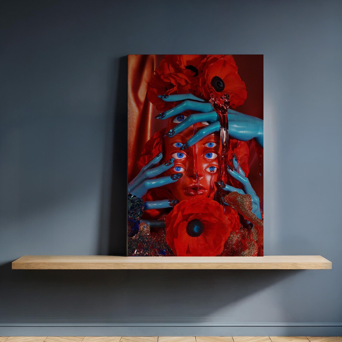 Surreal Multi Eyed Face Red Poppies Blue Hands Fantasy Art Poster
