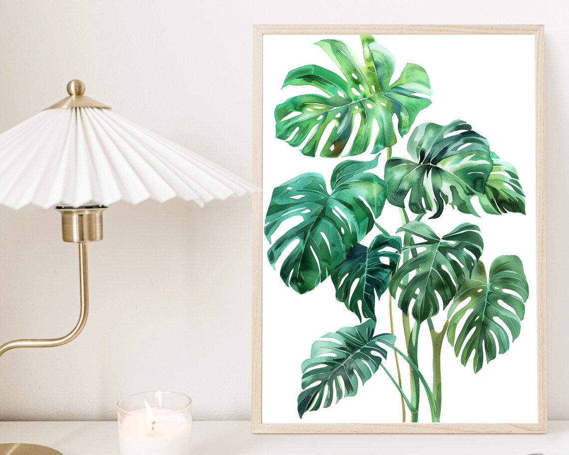 Green Monstera Leaves Watercolor Tropical Plant Botanical Wall Poster - Image 4