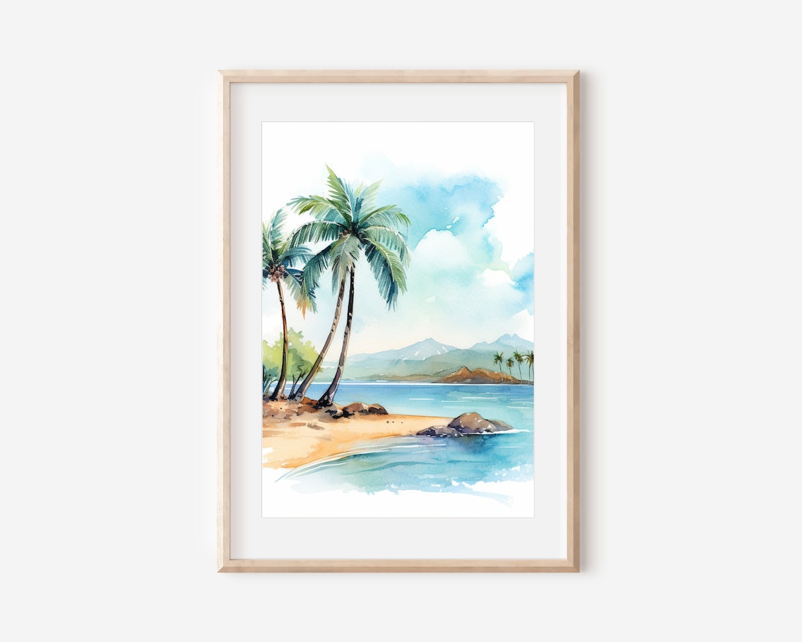 Watercolor Tropical Palm Tree Art Print, Coastal Escape