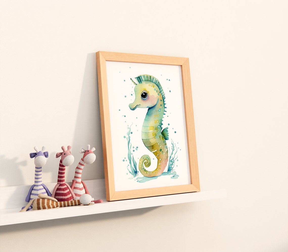 Watercolor Nursery Kawaii Seahorse Cute Nursery Animal Art Baby Animal Nursery Painting Art For Babies Gifts For Newborns - Image 3