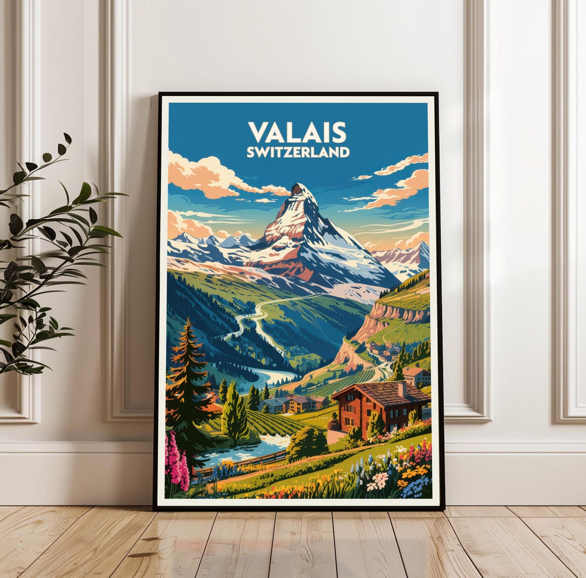 Valais Switzerland Matterhorn Alpine Valley Retro Travel Poster