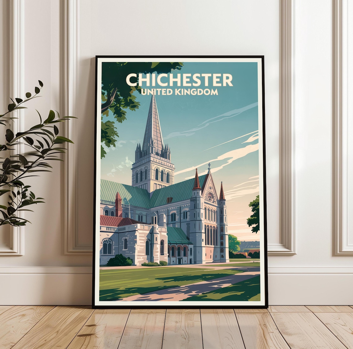 Chichester United Kingdom Cathedral Spire Vintage Travel Poster
