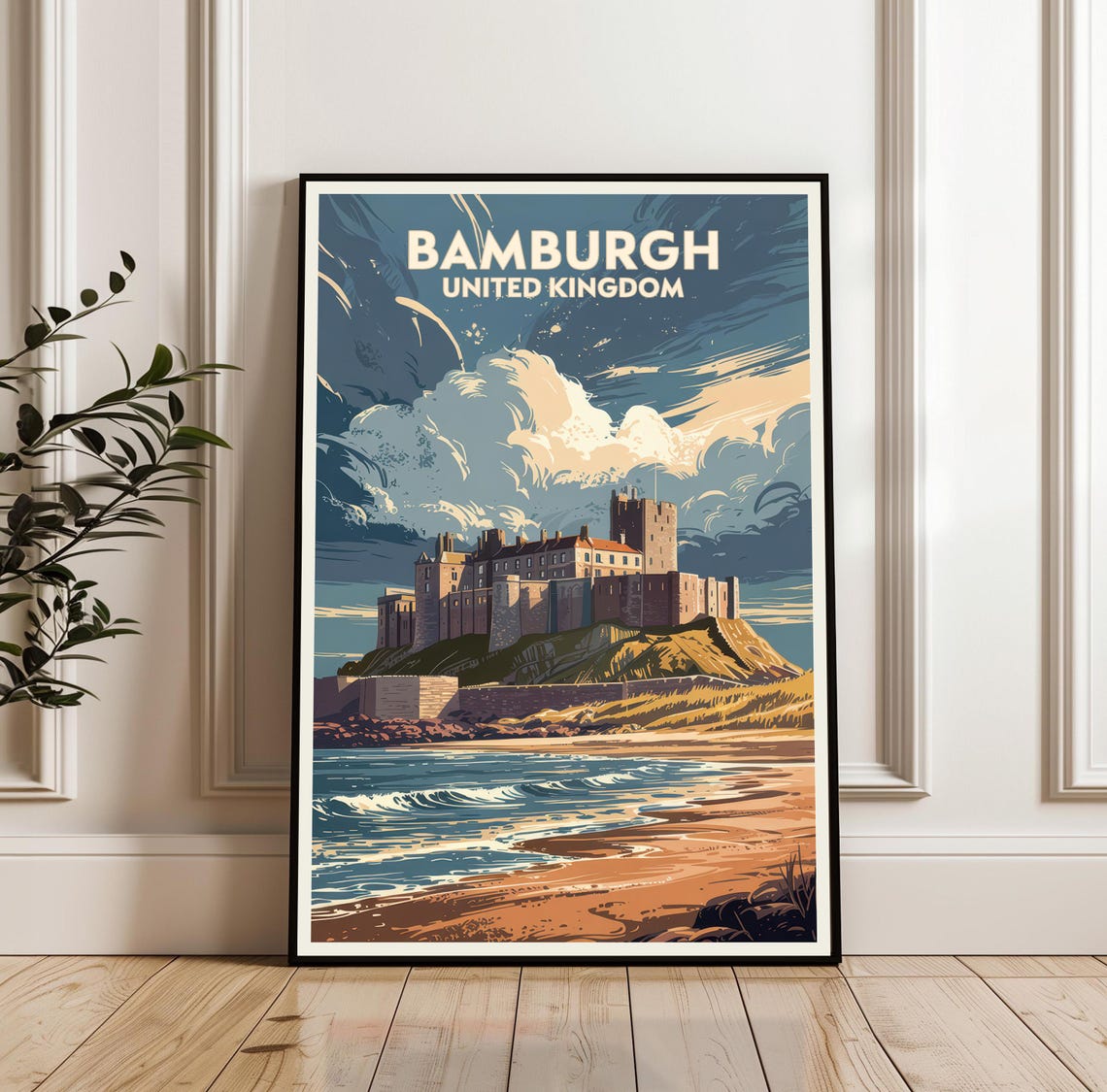 Bamburgh Castle Sandy Beach Dramatic Dusk Sky England Travel Poster