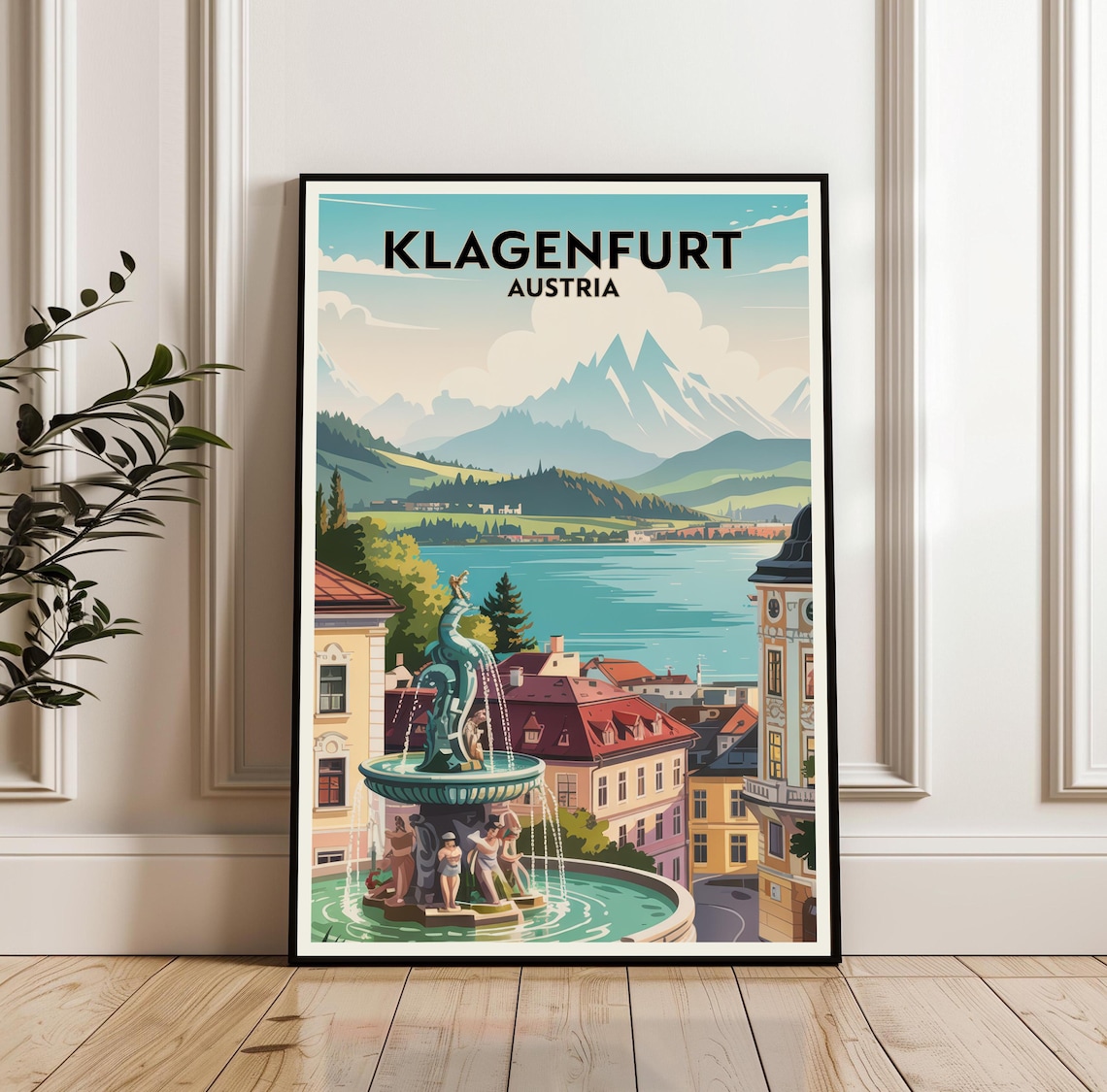 Klagenfurt Austria Vintage Lake Travel Poster With Fountain Art