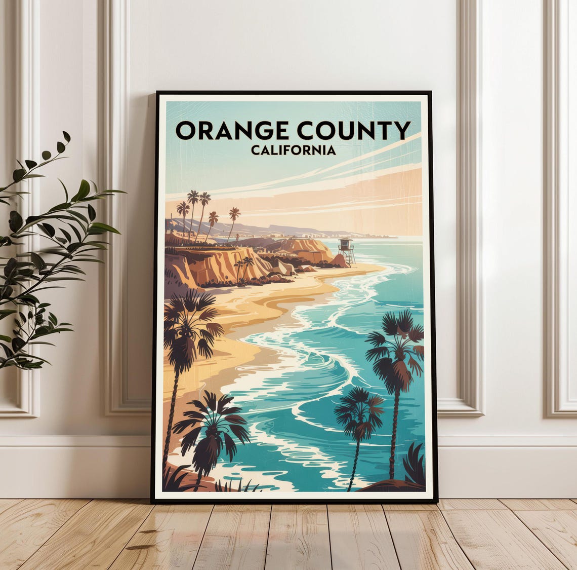 Orange County California Beach Cliffs Palms Surf Travel Poster