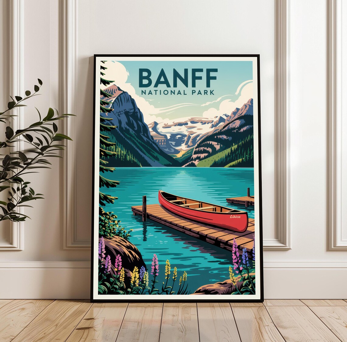 Banff National Park Vintage Travel Poster Of Red Canoe On Lake