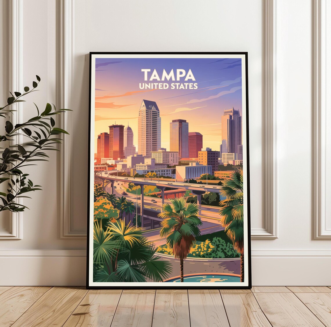 Tampa United States Sunset Skyline Travel Poster with Palm Trees and Highway