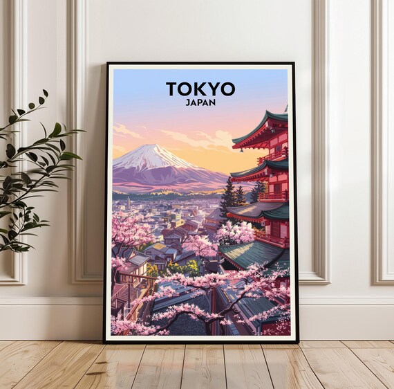 Tokyo Japan Sunset Travel Poster with Mount Fuji Pagoda and Cherry Blossoms