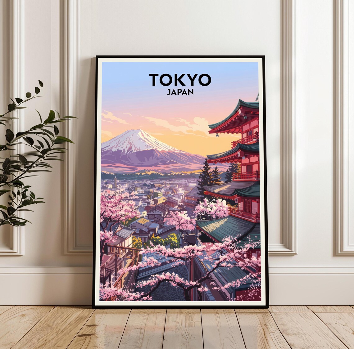 Tokyo Japan Sunset Travel Poster with Mount Fuji Pagoda and Cherry Blossoms