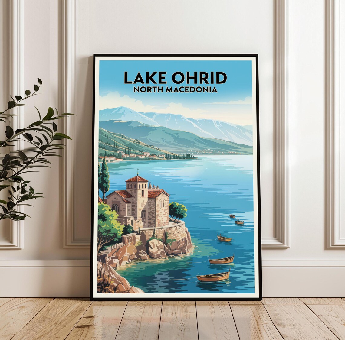 Lake Ohrid North Macedonia Vintage Travel Poster With Church Boats
