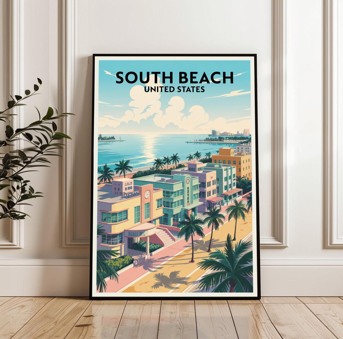 South Beach Miami Travel Poster Art Deco Hotels Palm Trees Vintage Art