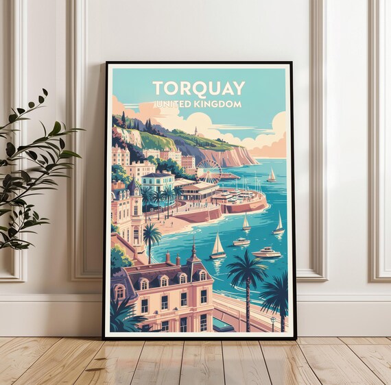 Torquay United Kingdom Seaside Travel Poster with Harbor Sailboats and Pier