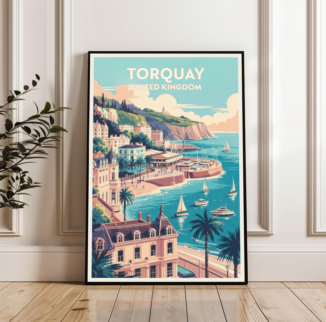 Torquay United Kingdom Seaside Travel Poster with Harbor Sailboats and Pier